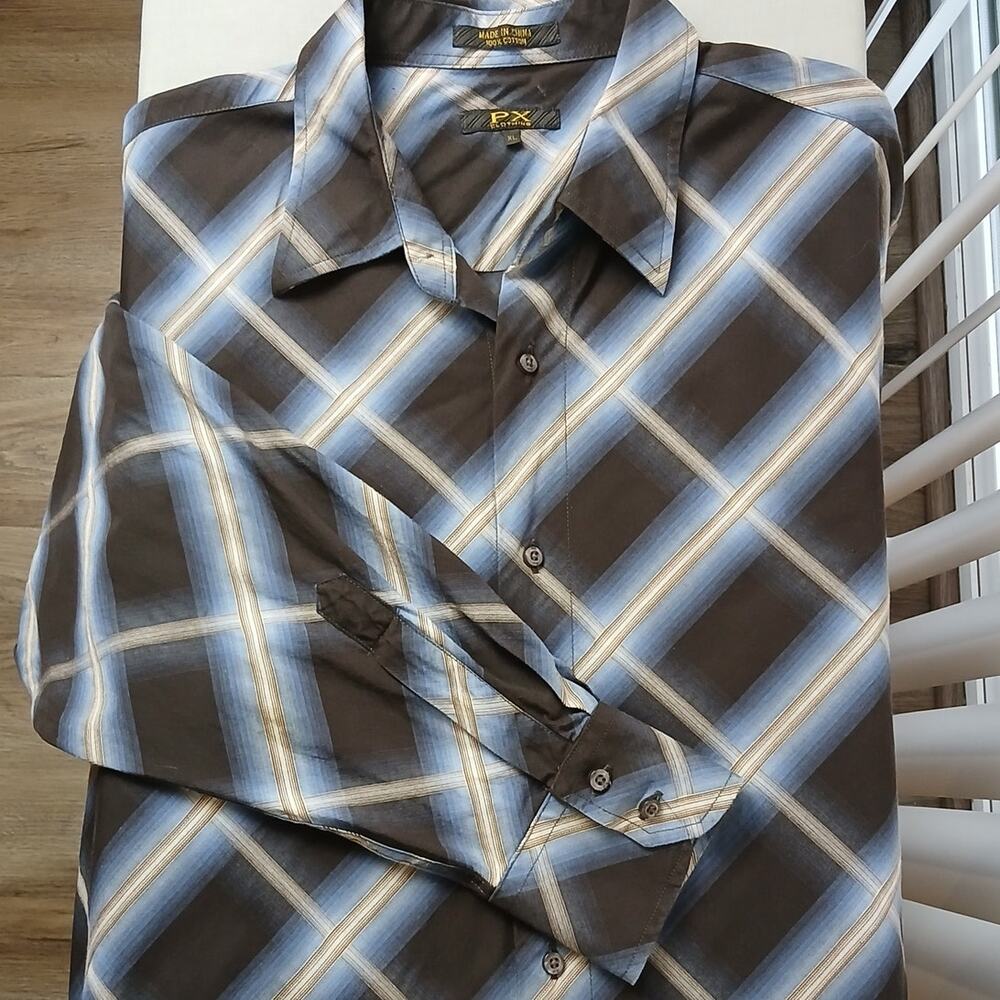 PX Clothing Diamond Plaid Cotton Shirt Mens XL long sleeve black blue retro